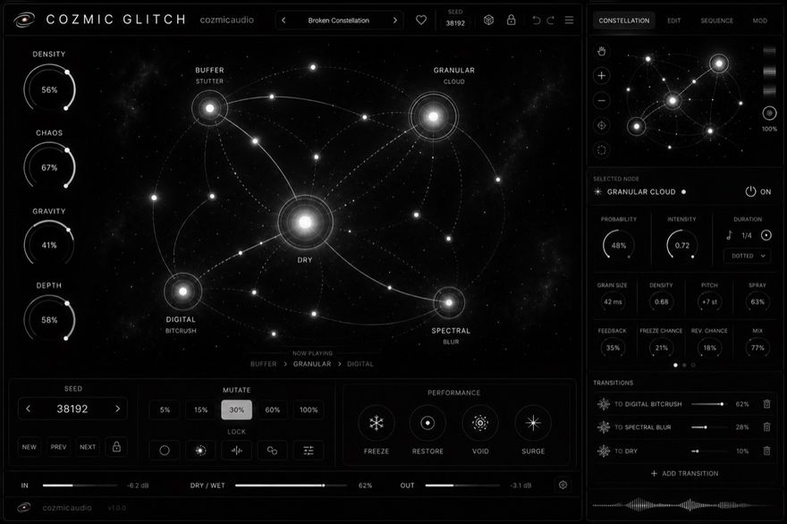 Cozmic Glitch interface: a constellation of buffer, granular and spectral engines