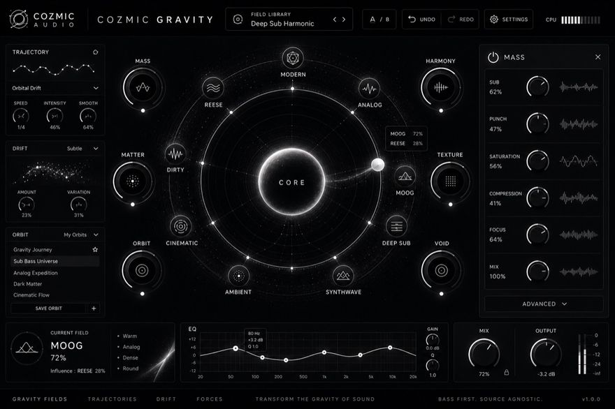 Cozmic Gravity interface: a gravity ring in the centre, sound fields around it
