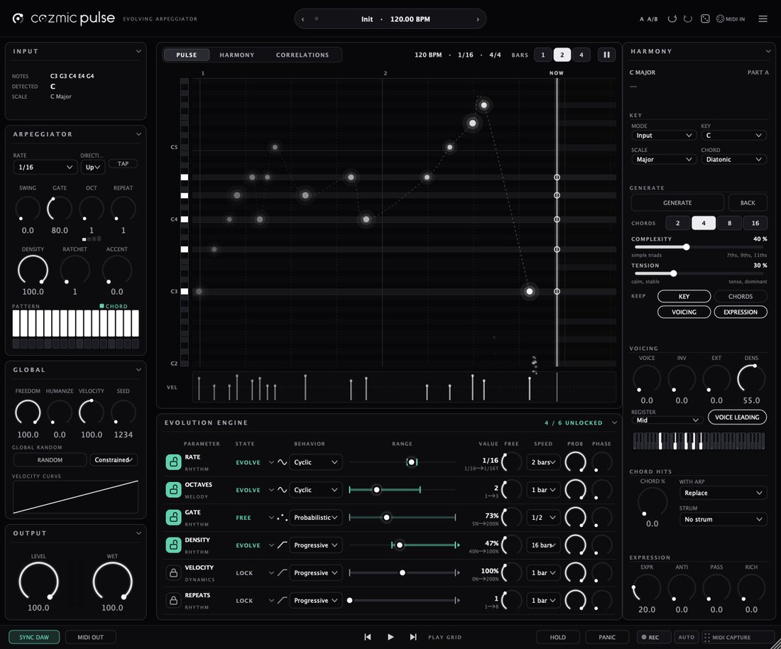 Cozmic Pulse interface: piano roll, evolution engine and harmony panel